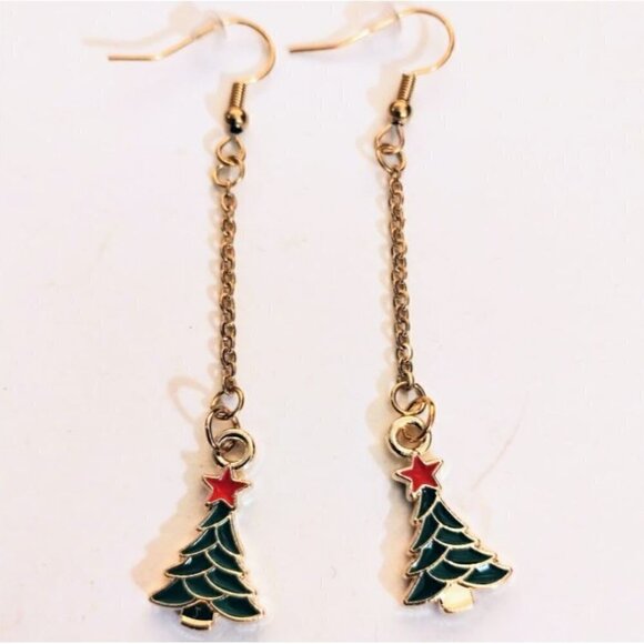 RED and Green Christmas Tree Earrings - Picture 1 of 6